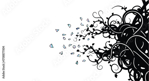 Abstract black vine with swirling branches and falling leaves against a white background.