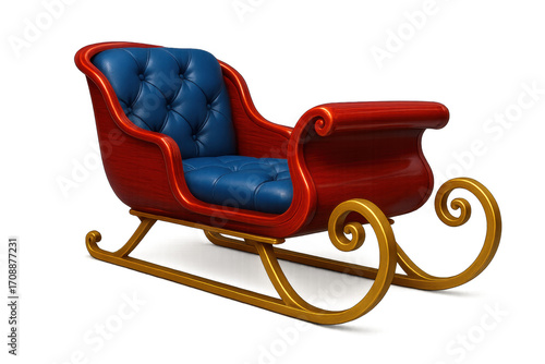 Classic santa claus sleigh with blue upholstery on transparent background