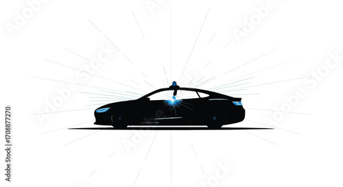 Sleek black autonomous car with glowing blue sensors, representing future transportation and technology.