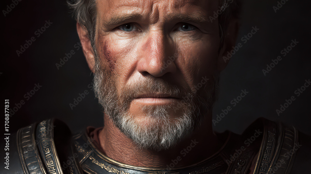 Obraz premium Ancient Warrior's Gaze: A seasoned warrior, etched with the marks of time and conflict, stares intently at the viewer, embodying strength and resilience.