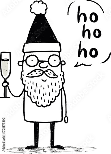 Santa Claus sketch hand drawn with champagne glass and ho ho ho speech — stock vector