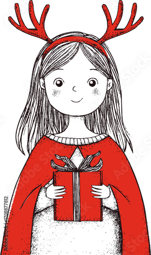 Girl with reindeer antlers headband sketch holding red gift box — stock vector
