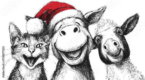 Cat donkey and sheep sketch, hand drawn Christmas animals with Santa hat smiling — stock vector