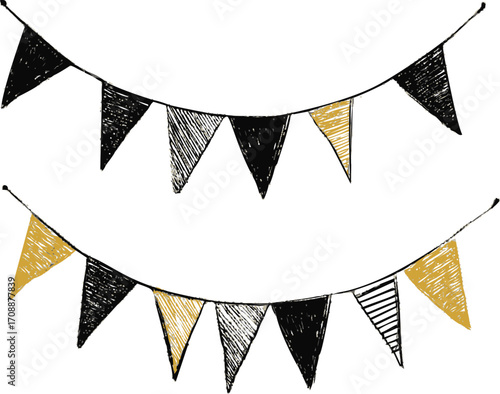 Bunting flags sketch hand drawn festive garland in black and gold colors — stock vector