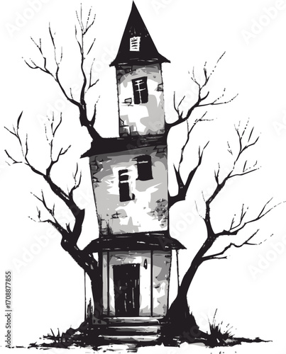 Haunted house sketch hand drawn with bare trees and crooked windows — stock vector