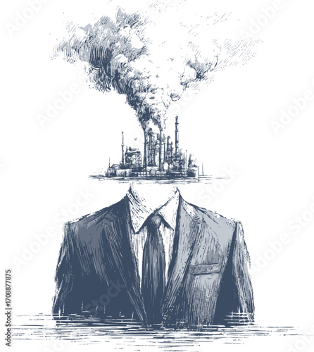 Businessman with factory as head sketch, hand drawn industrial pollution concept — stock vector