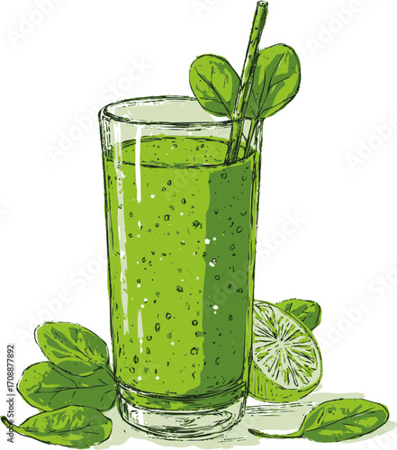 Green smoothie sketch, hand drawn glass with spinach leaves and lime — stock vector