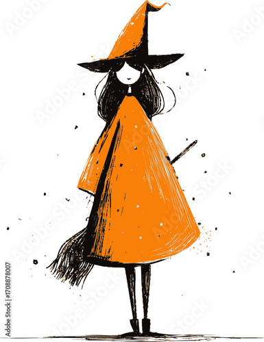 Witch sketch hand drawn in orange cloak and hat with broomstick — stock vector