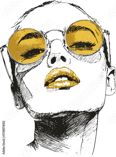Woman portrait sketch, hand drawn style, yellow sunglasses and lips, close up — stock vector