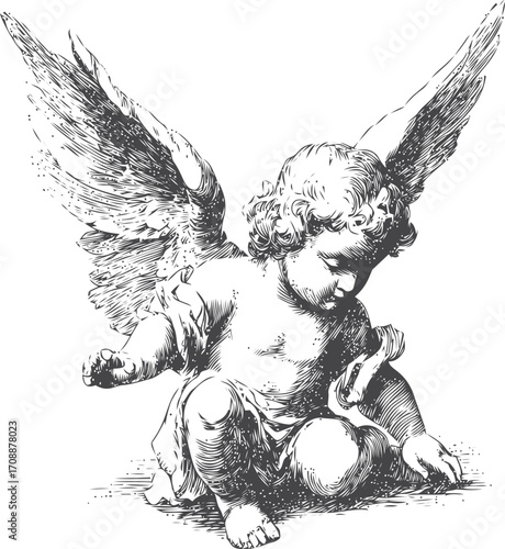 Cherub angel sketch hand drawn sitting with wings detailed vintage style — stock vector