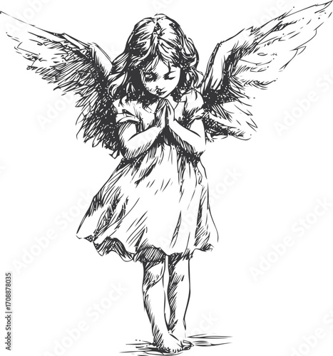Praying angel girl sketch hand drawn with wings and folded hands — stock vector