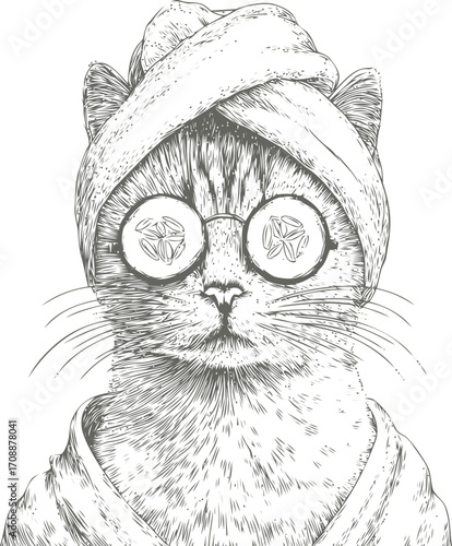 Cat sketch hand drawn with towel and cucumber spa glasses relaxing in bathrobe — stock vector