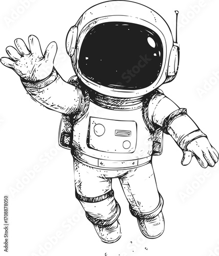 Astronaut sketch hand drawn floating in space with open arms — stock vector