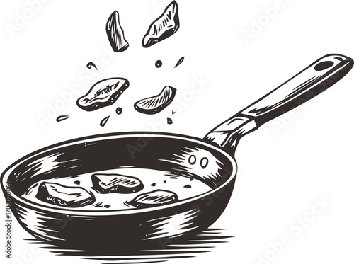 Frying pan sketch with meat slices hand drawn cooking scene — stock vector