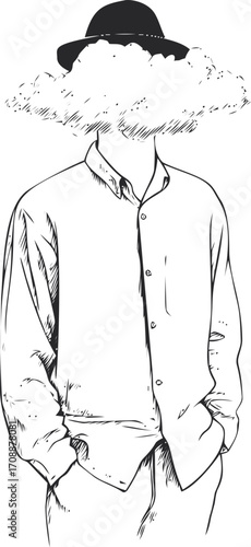 Man with cloud head wearing hat sketch, hands in pockets, surreal hand drawn style — stock vector