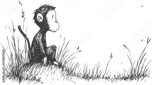 Monkey sketch hand drawn sitting in grass with thoughtful expression — stock vector