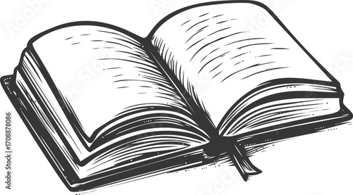 Open book sketch hand drawn style with visible pages and bookmark — stock vector