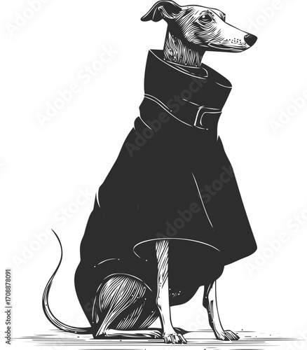 Italian greyhound sketch hand drawn wearing coat sitting elegant pose — stock vector