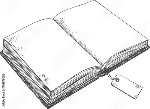 Open book sketch hand drawn with blank pages and bookmark tag — stock vector