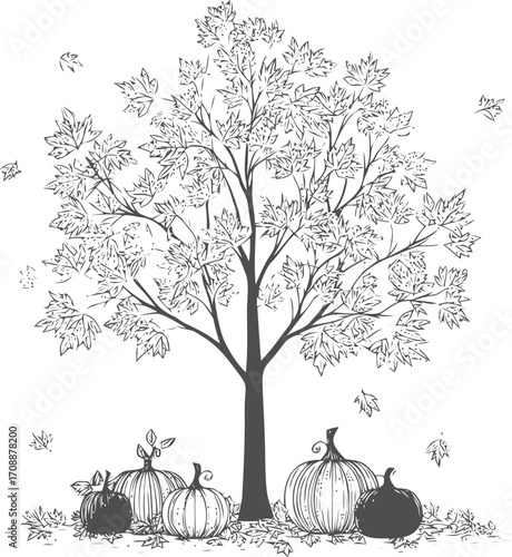 Maple tree sketch with pumpkins and falling autumn leaves, hand drawn seasonal scene — stock vector