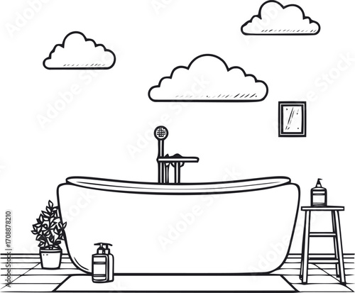 Bathtub sketch hand drawn with bathroom decor, clouds, and accessories — stock vector