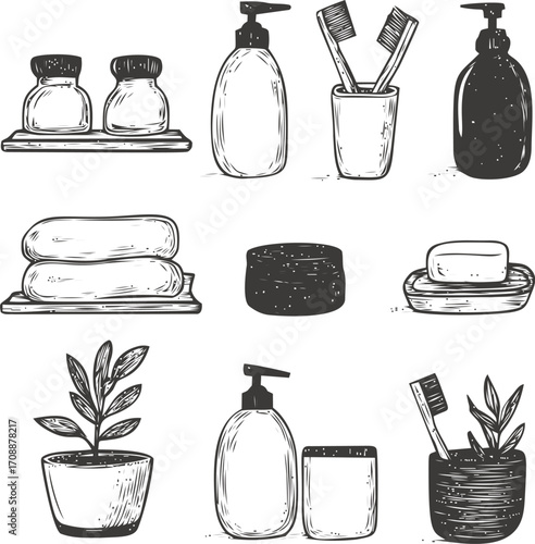 Bathroom essentials sketch hand drawn set with soap dispenser towels toothbrush plant — stock vector