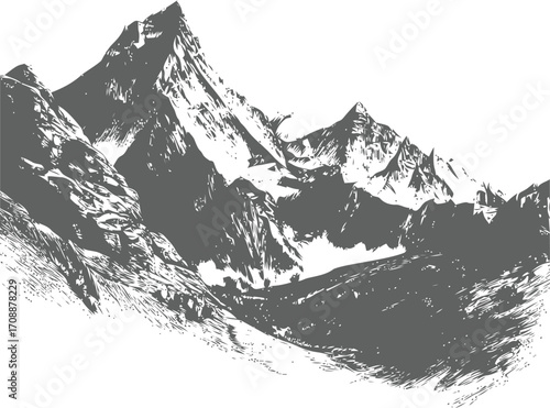 Mountain peaks sketch hand drawn rugged alpine landscape in monochrome — stock vector