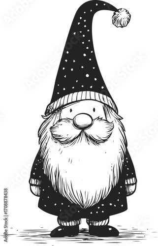 Gnome Christmas character sketch hand drawn with long beard and tall hat — stock vector