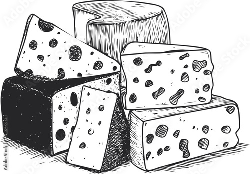 Cheese assortment sketch hand drawn various cheese blocks and wedges detailed illustration — stock vector