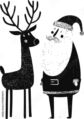 Santa Claus and reindeer sketch hand drawn black and white festive illustration — stock vector