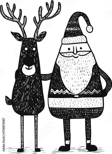 Santa Claus and reindeer sketch hand drawn festive Christmas characters in black and white — stock vector