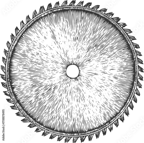 Circular saw blade sketch, hand drawn style, detailed woodworking tool illustration — stock vector