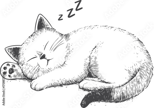 Sleeping cat sketch hand drawn style curled up with paw showing and zzz above — stock vector