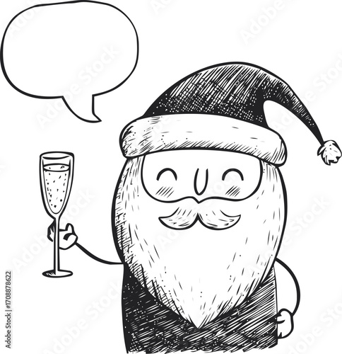 Santa Claus sketch hand drawn with champagne glass and speech bubble — stock vector