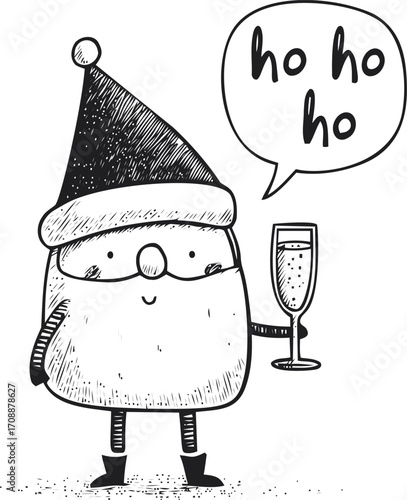 Santa Claus sketch hand drawn with champagne glass and ho ho ho speech bubble — stock vector