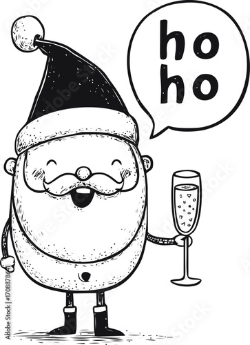 Santa Claus sketch hand drawn holding champagne glass saying ho ho — stock vector