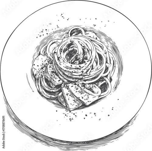 Pasta plate sketch hand drawn with cheese and herbs on white background — stock vector