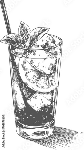 Cocktail glass sketch hand drawn with lemon, mint, ice and straw — stock vector