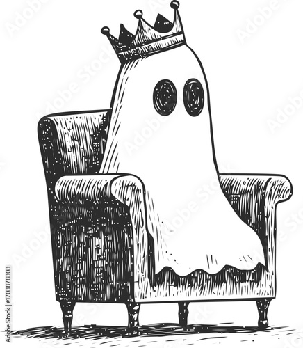 Ghost with crown sketch hand drawn sitting on armchair — stock vector