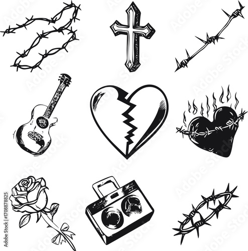 Broken heart sketch hand drawn with barbed wire, cross, guitar, rose, camera — stock vector