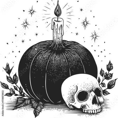 Pumpkin with candle and skull sketch hand drawn Halloween scene — stock vector