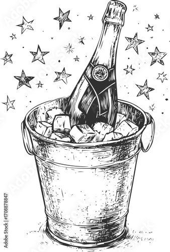Champagne bottle in ice bucket sketch, hand drawn with stars and celebratory scene — stock vector
