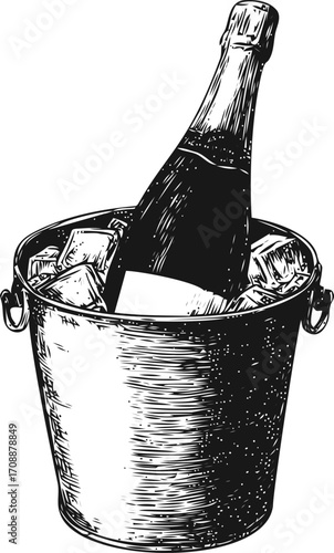 Champagne bottle in ice bucket sketch, hand drawn style, celebration scene — stock vector
