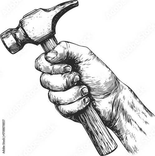 Hand holding hammer sketch hand drawn style detailed construction tool grip — stock vector