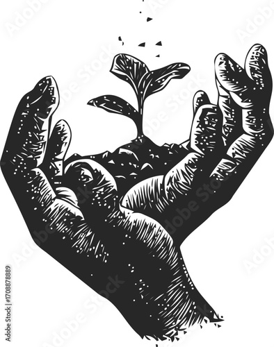 Hands holding seedling sketch hand drawn style nurturing young plant — stock vector