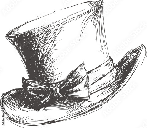 Top hat sketch hand drawn with ribbon and bow detail — stock vector