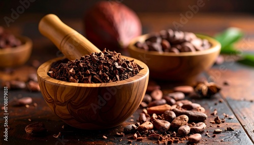 Cacao Nibs and Beans in Wooden Bowls, Dark Brown Tones, Rustic Setting