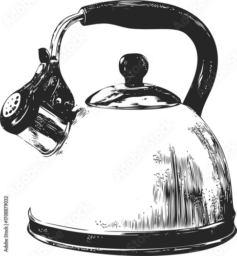 Kettle sketch hand drawn classic whistling teapot with handle and spout — stock vector