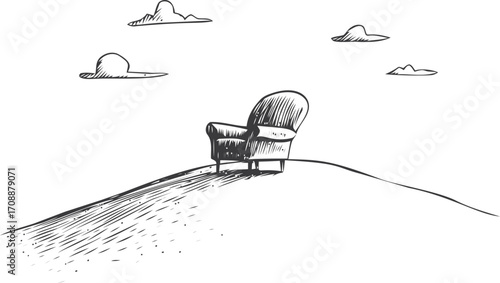 Armchair sketch hand drawn on hilltop with clouds minimal landscape — stock vector