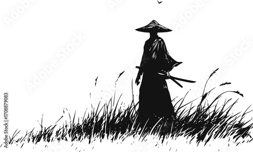 Samurai silhouette sketch hand drawn standing in tall grass with katana — stock vector